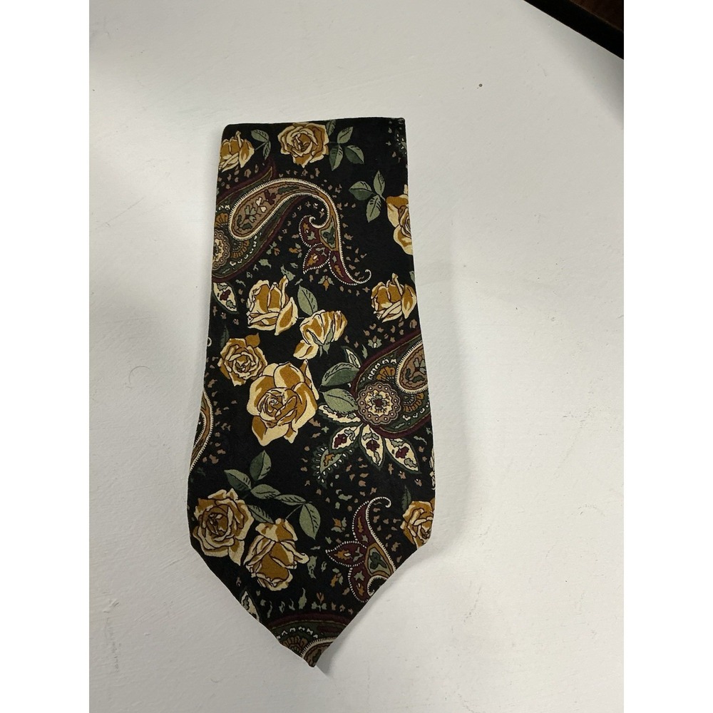 VTG Gant Mens‎ Silk Necktie Roses & Paisley Print  Gold, Black Green USA